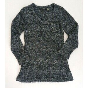 Twiggy London V Neck Tunic Sweater Blk Gray Boucle Knit Silver Thread Sz XS